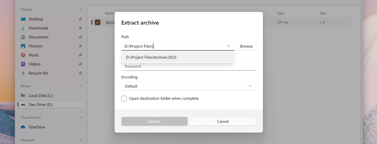 Extract archive dialog