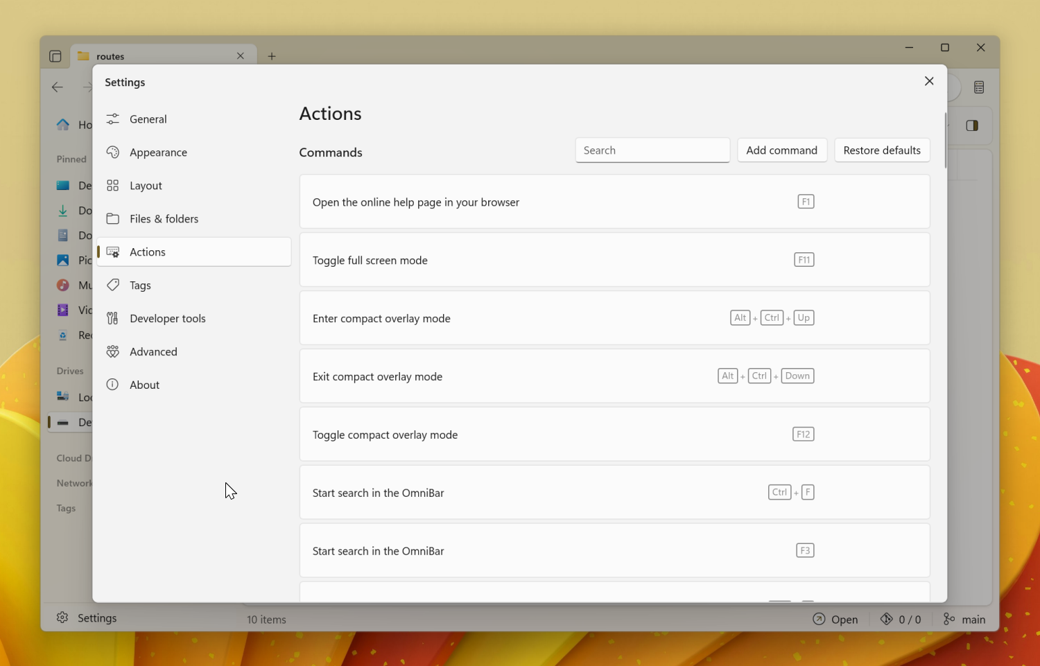 Actions settings page